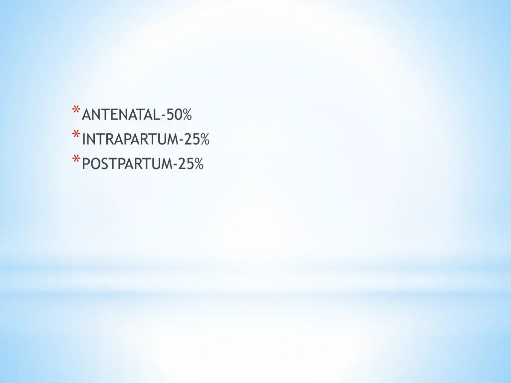 antenatal 50 intrapartum 25 postpartum 25