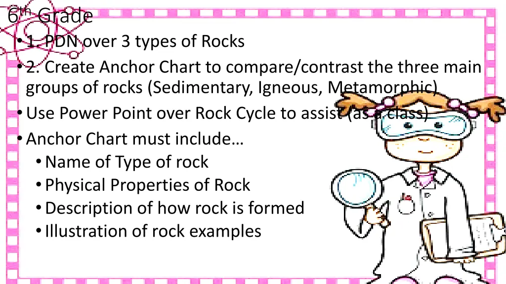 6 th grade 1 pdn over 3 types of rocks 2 create