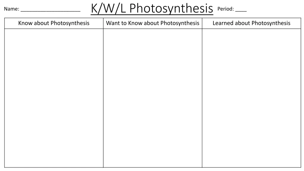 k w l photosynthesis