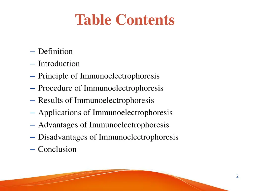 table contents
