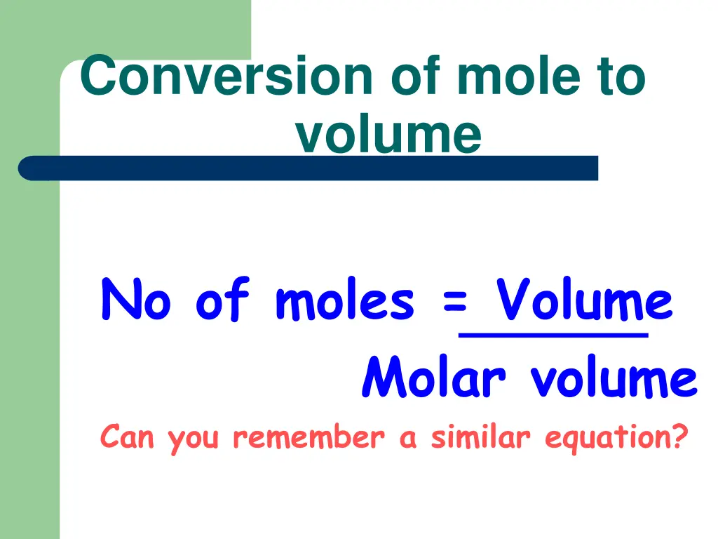 conversion of mole to volume