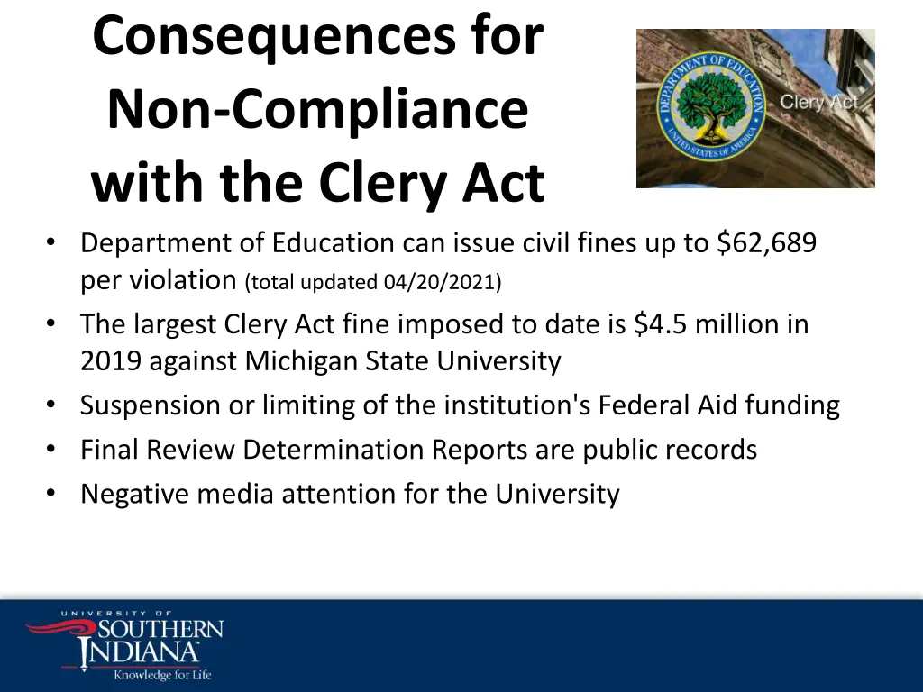 consequences for non compliance with the clery