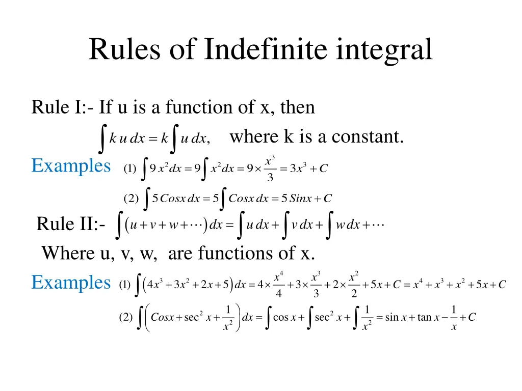rules of indefinite integral