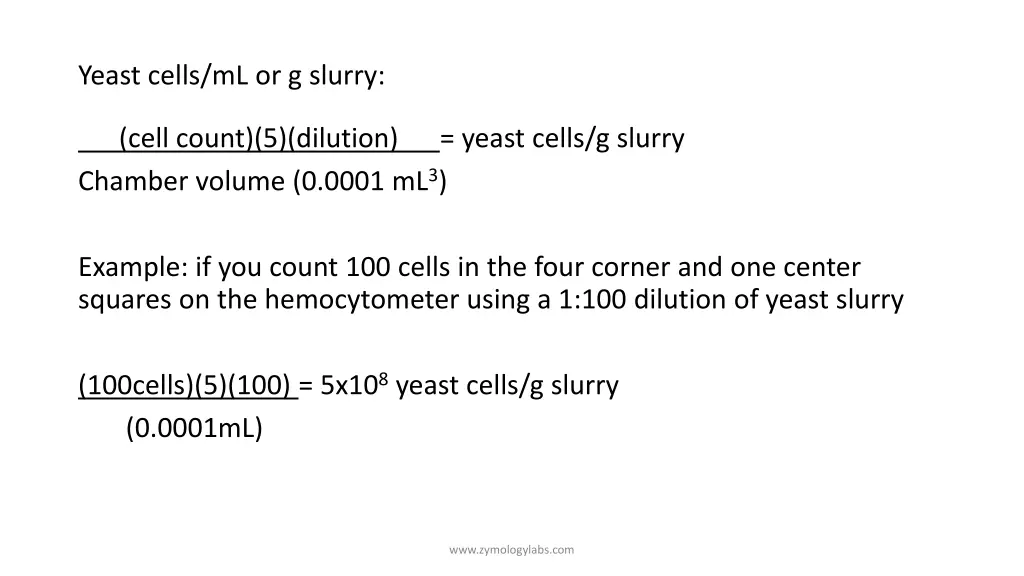 yeast cells ml or g slurry