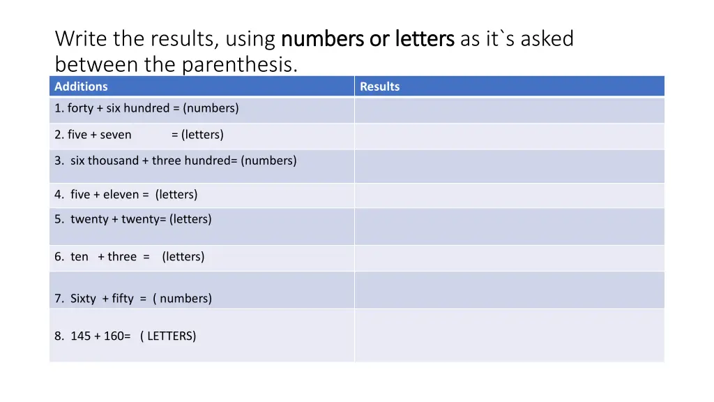 write the results using numbers or letters