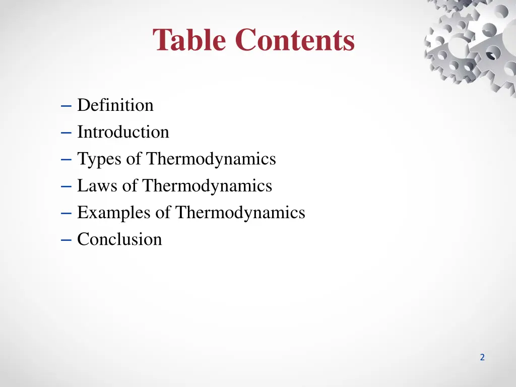 table contents
