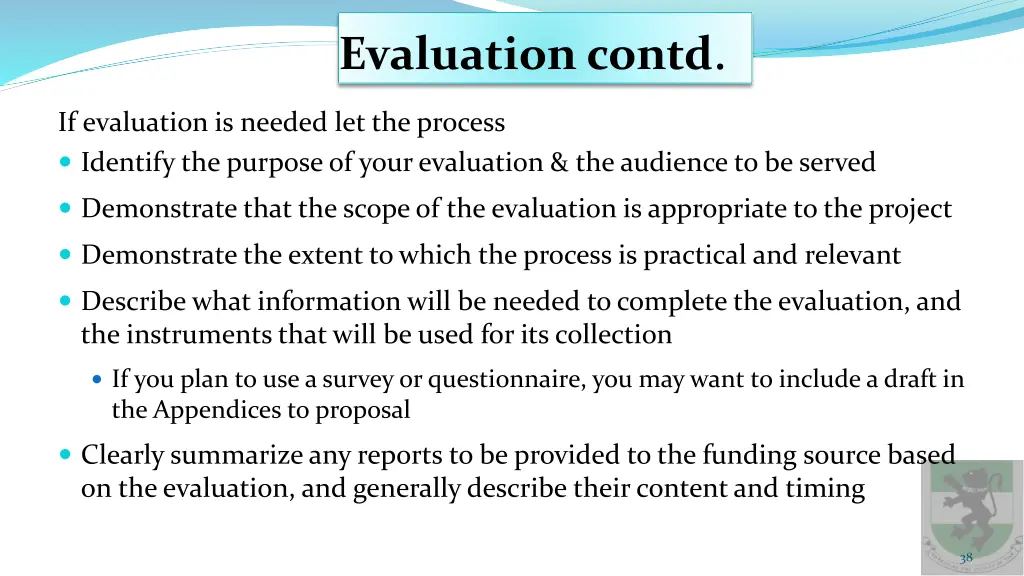 evaluation contd