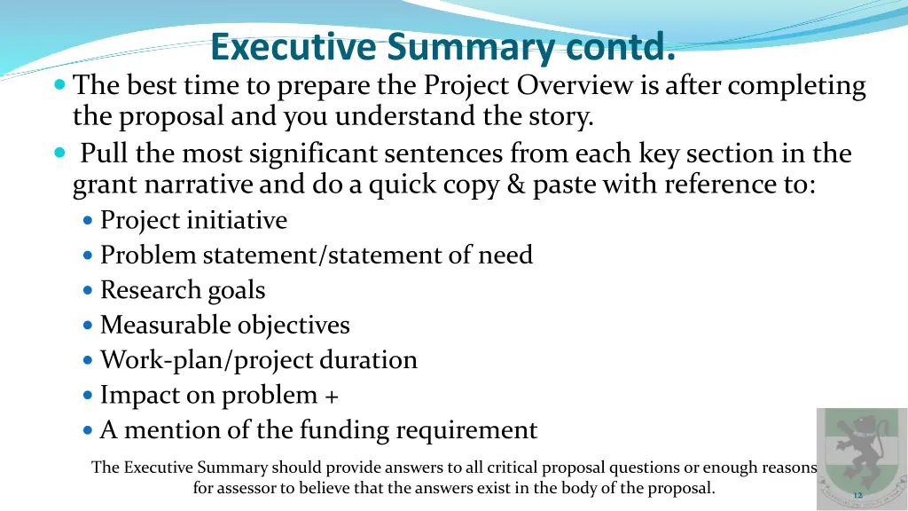 executive summary contd the best time to prepare