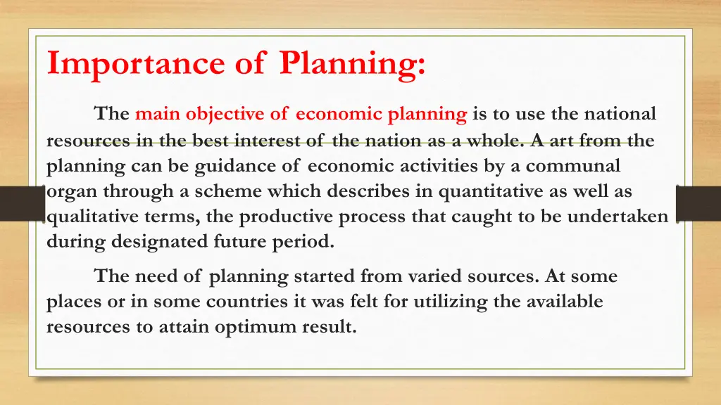importance of planning the main objective