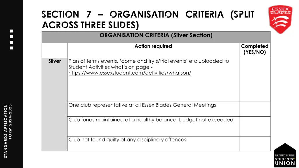 organisation criteria silver section