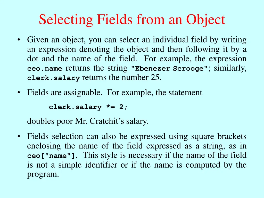 selecting fields from an object