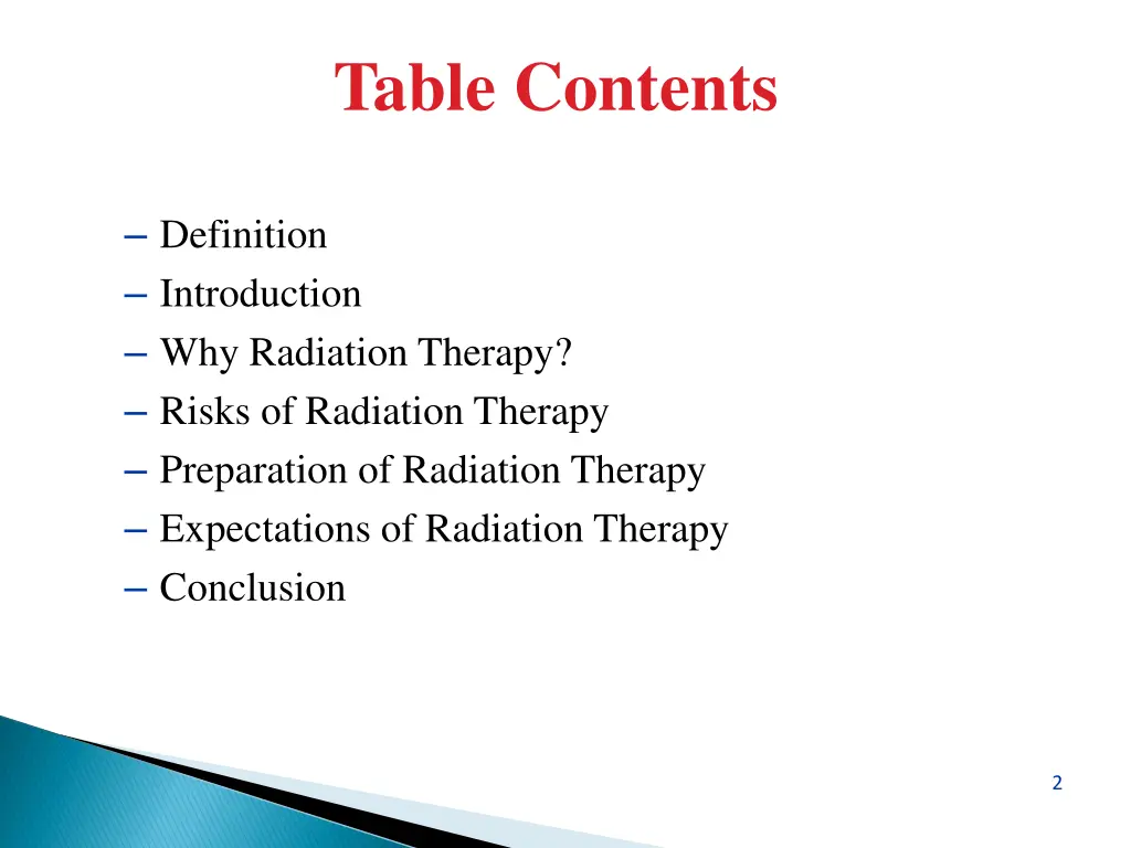 table contents