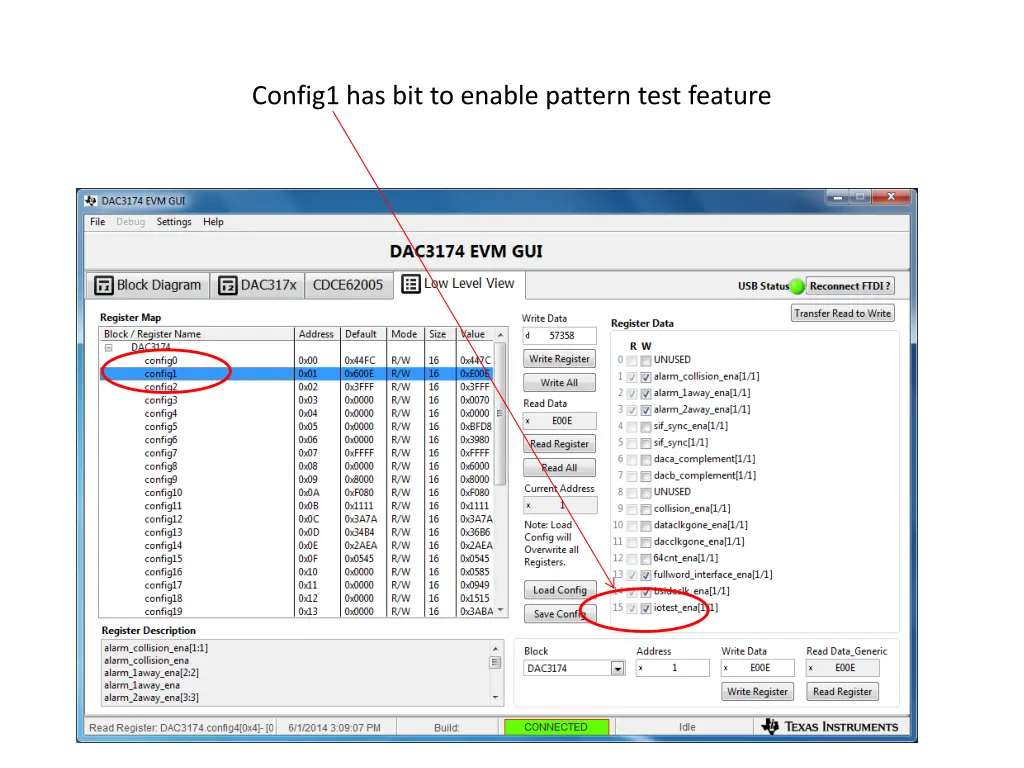 config1 has bit to enable pattern test feature