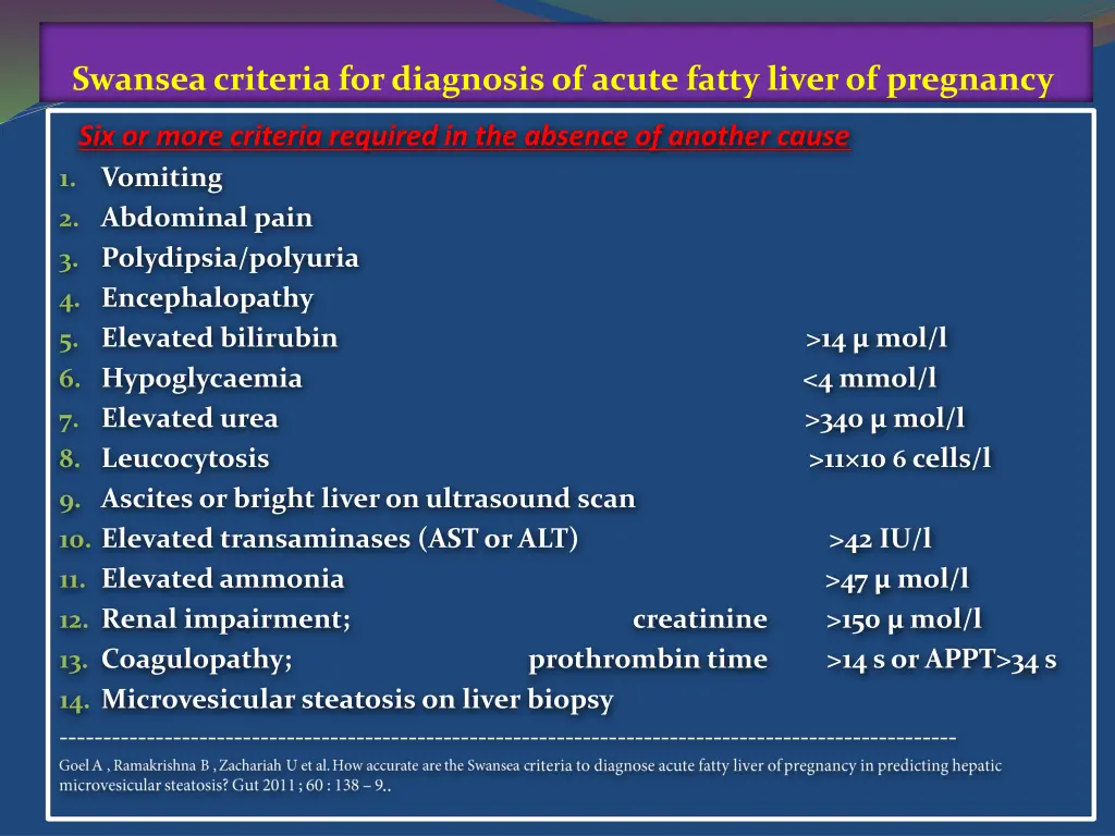 swansea criteria for diagnosis of acute fatty