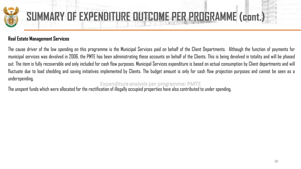 summary of expenditure outcome per programme cont