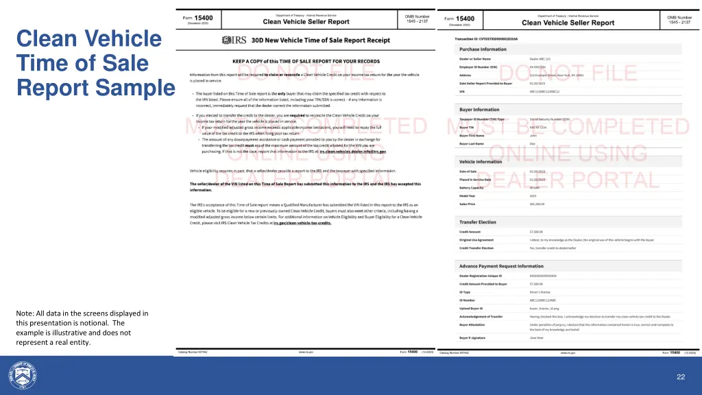 clean vehicle time of sale report sample