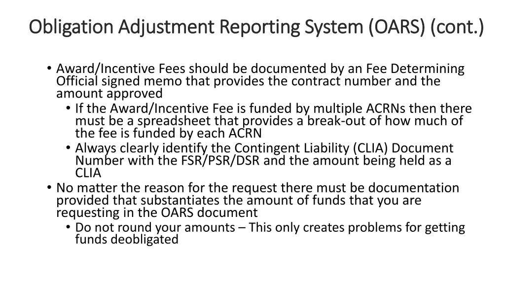 obligation adjustment reporting system oars cont 1