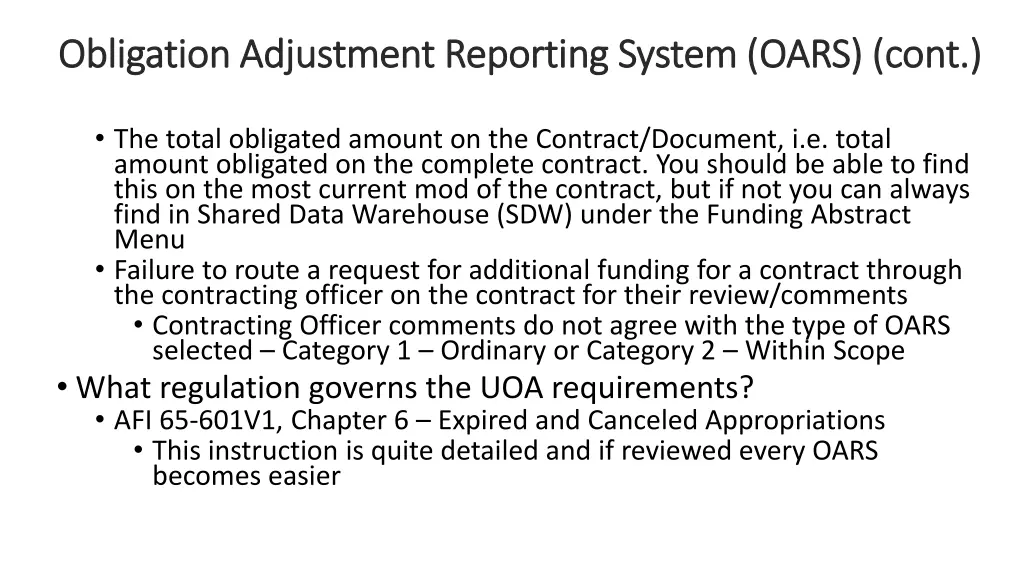 obligation adjustment reporting system oars cont 3