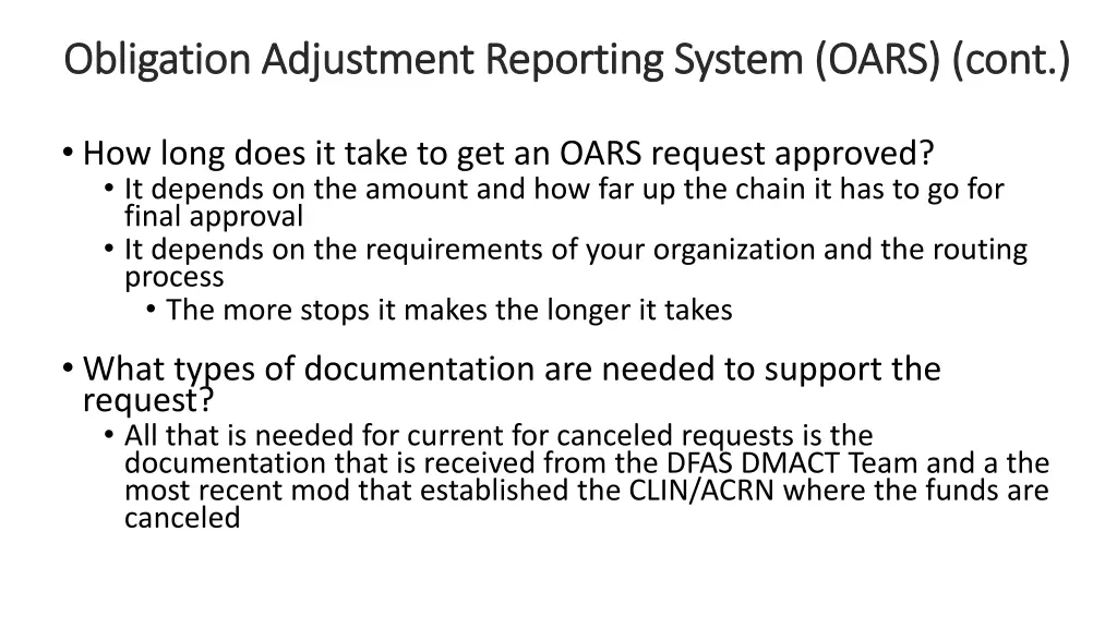 obligation adjustment reporting system oars cont