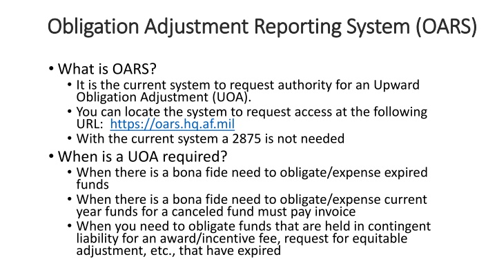 obligation adjustment reporting system oars