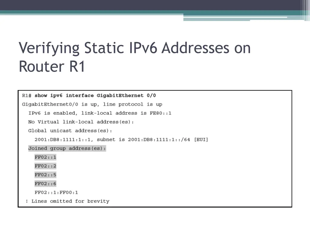 verifying static ipv6 addresses on router r1 1