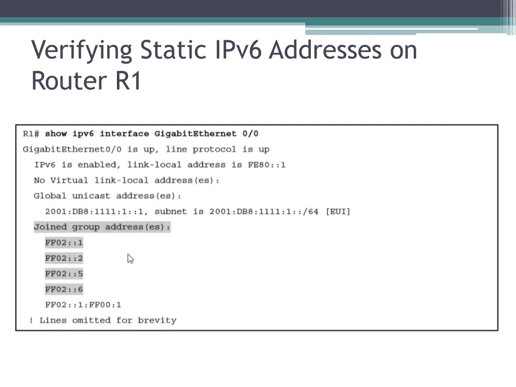 verifying static ipv6 addresses on router r1 2