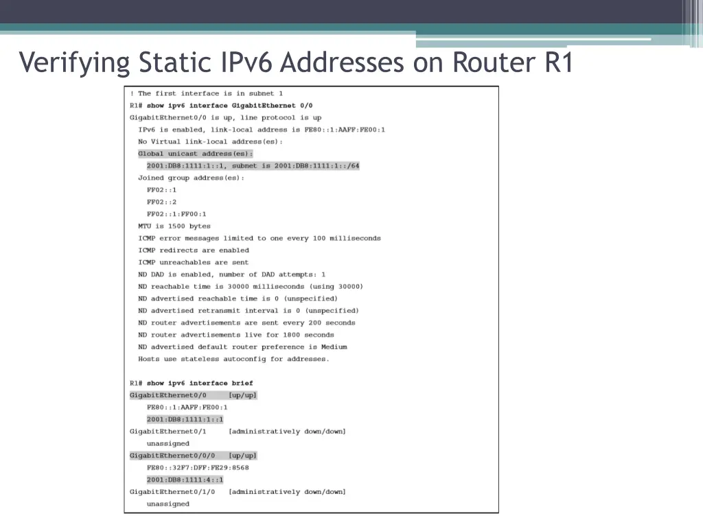 verifying static ipv6 addresses on router r1
