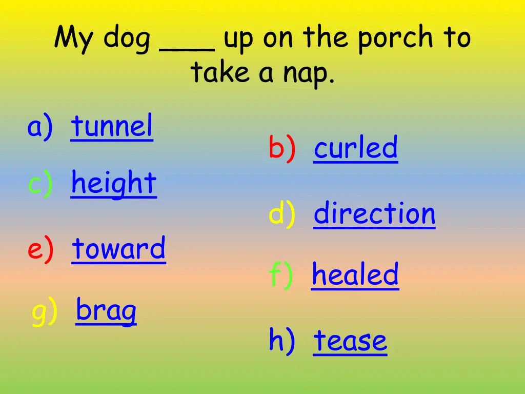 my dog up on the porch to take a nap a tunnel