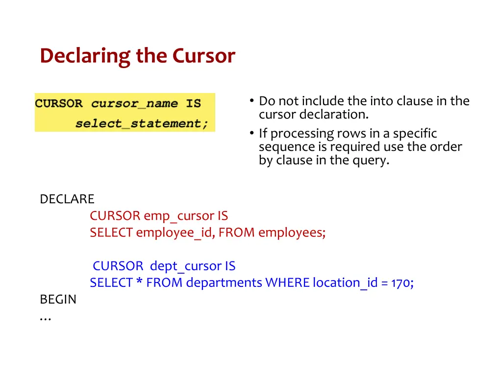 declaring the cursor