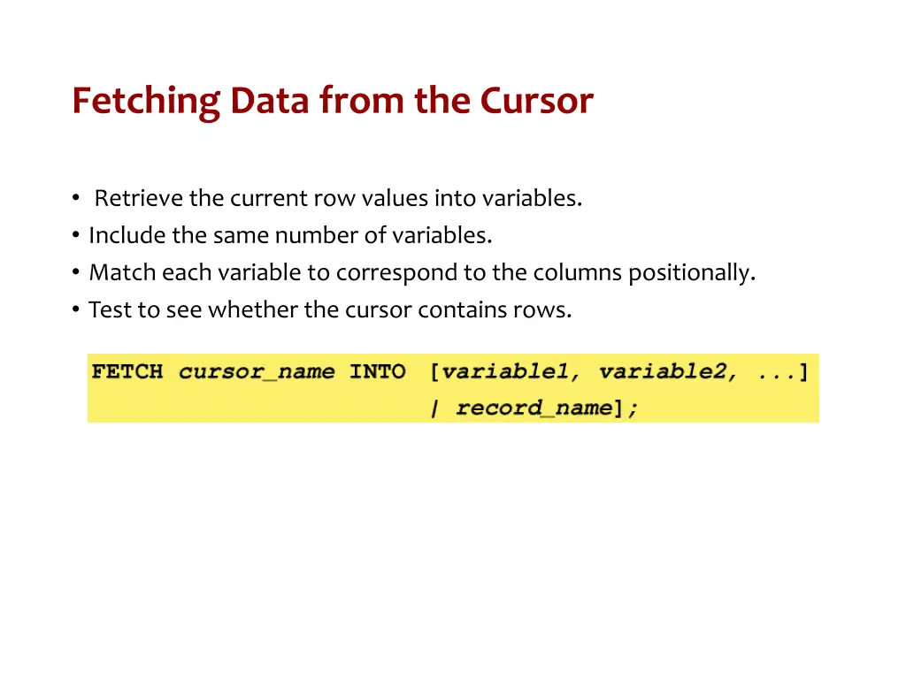 fetching data from the cursor