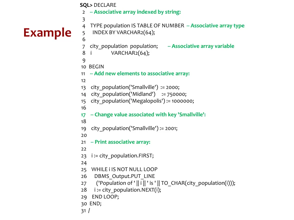 sql declare 2 associative array indexed by string