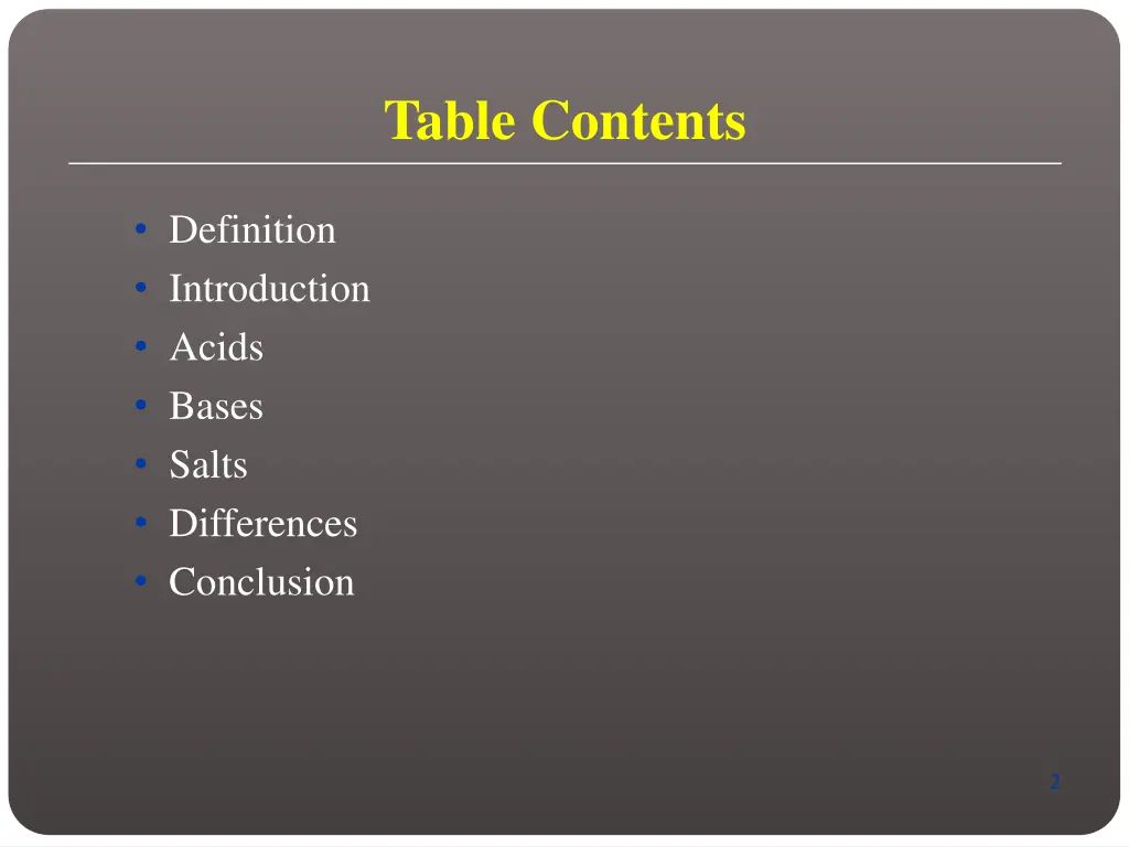 table contents