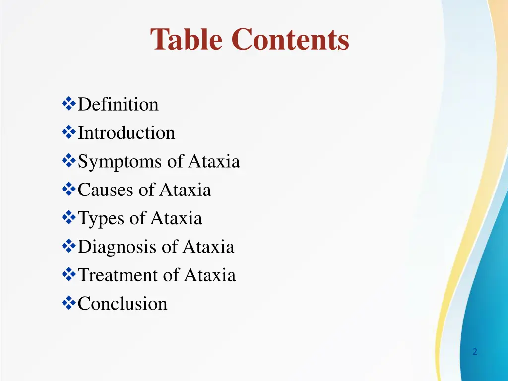 table contents