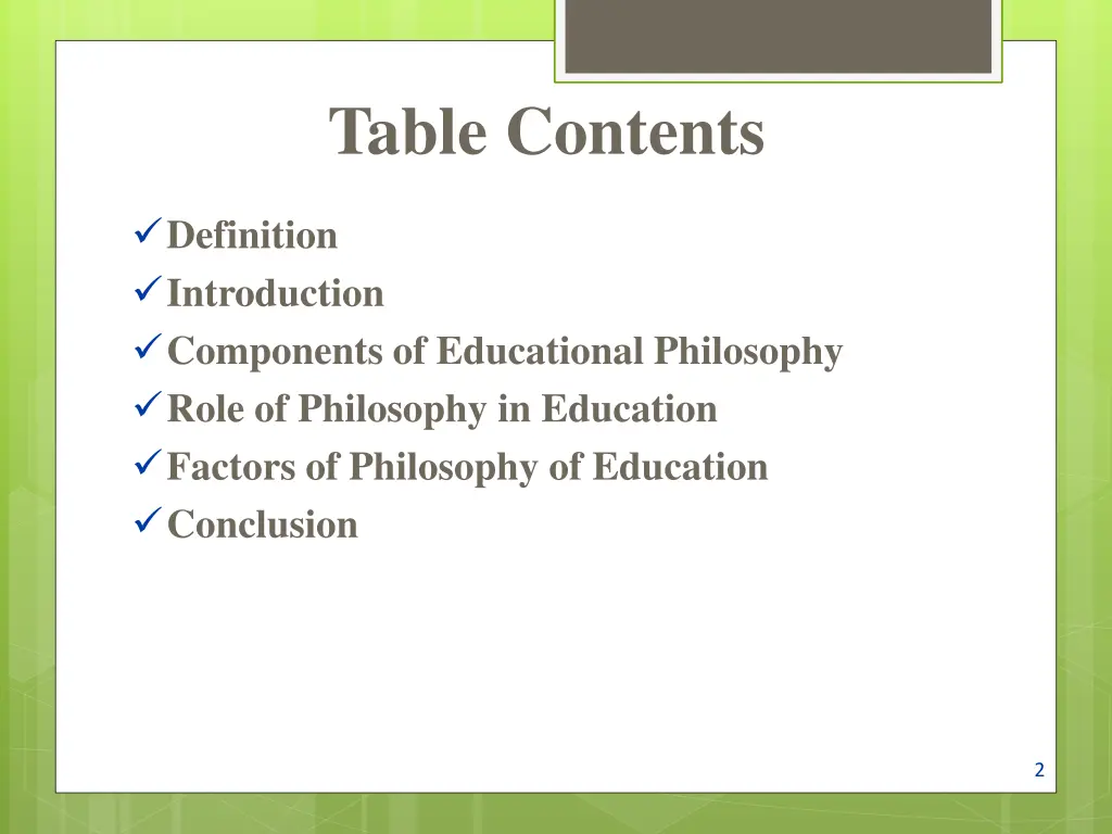 table contents