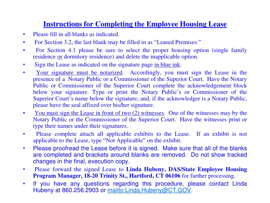 instructions for completing the employee housing