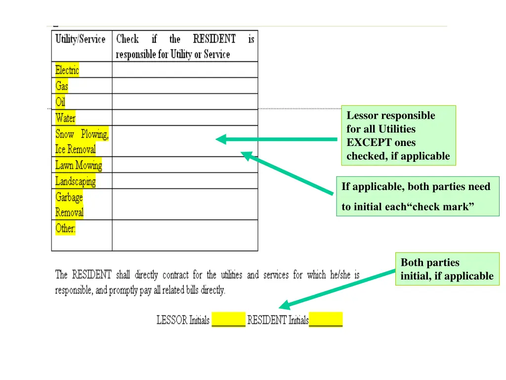 lessor responsible for all utilities except ones