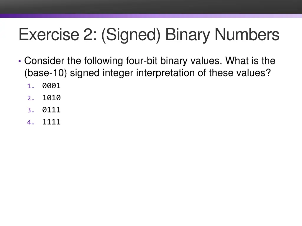 exercise 2 signed binary numbers