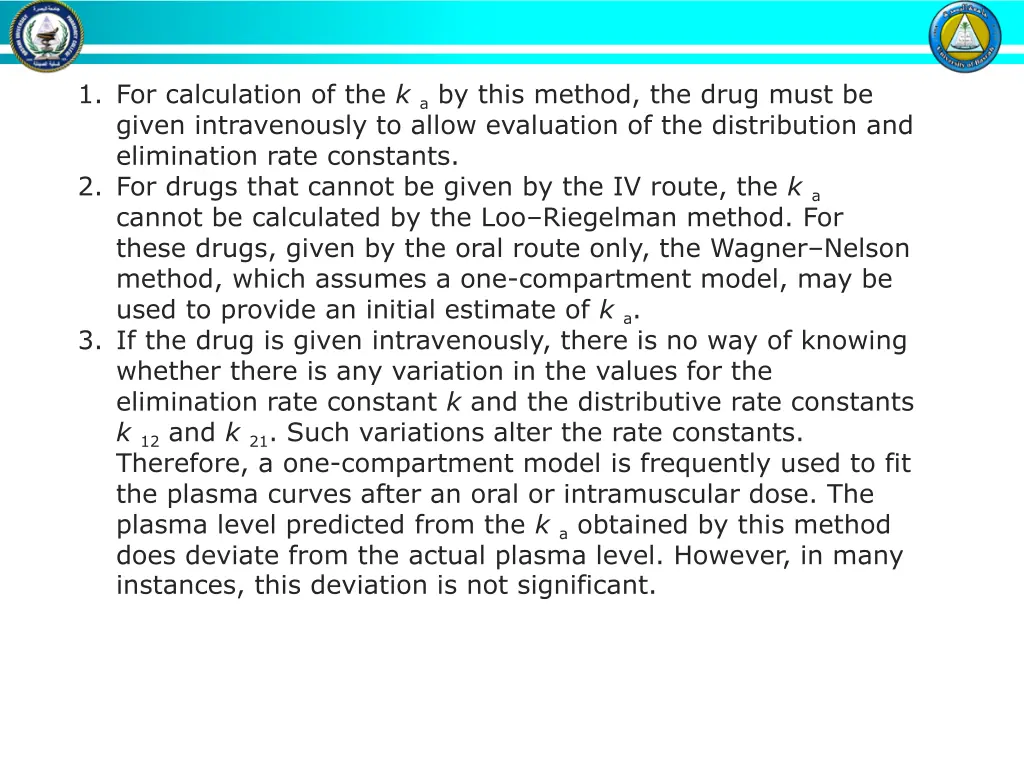 1 for calculation of the k a by this method