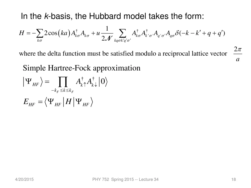 in the k basis the hubbard model takes the form