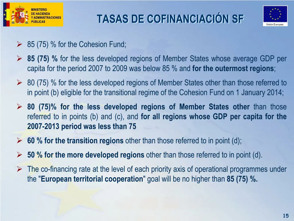 tasas de cofinanciaci n sf
