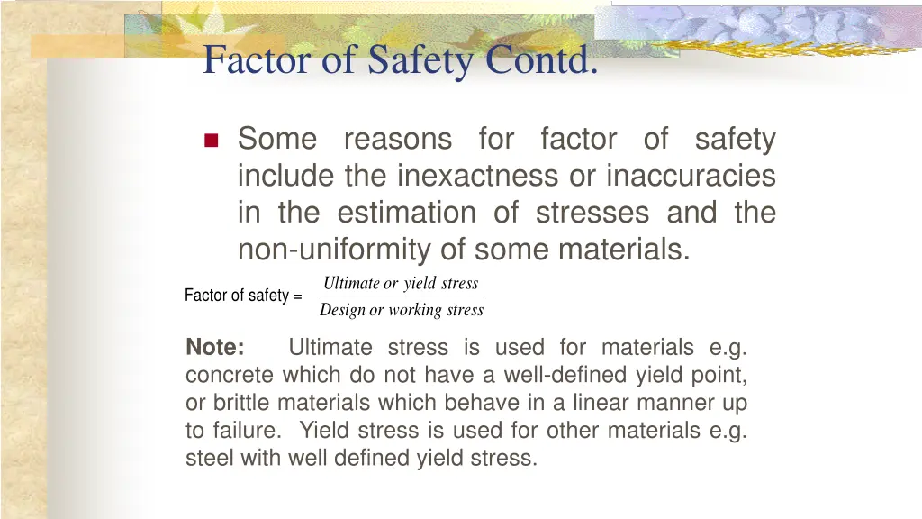 factor of safety contd