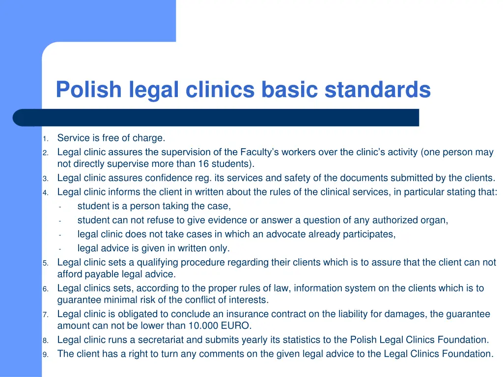 polish legal clinics basic standards