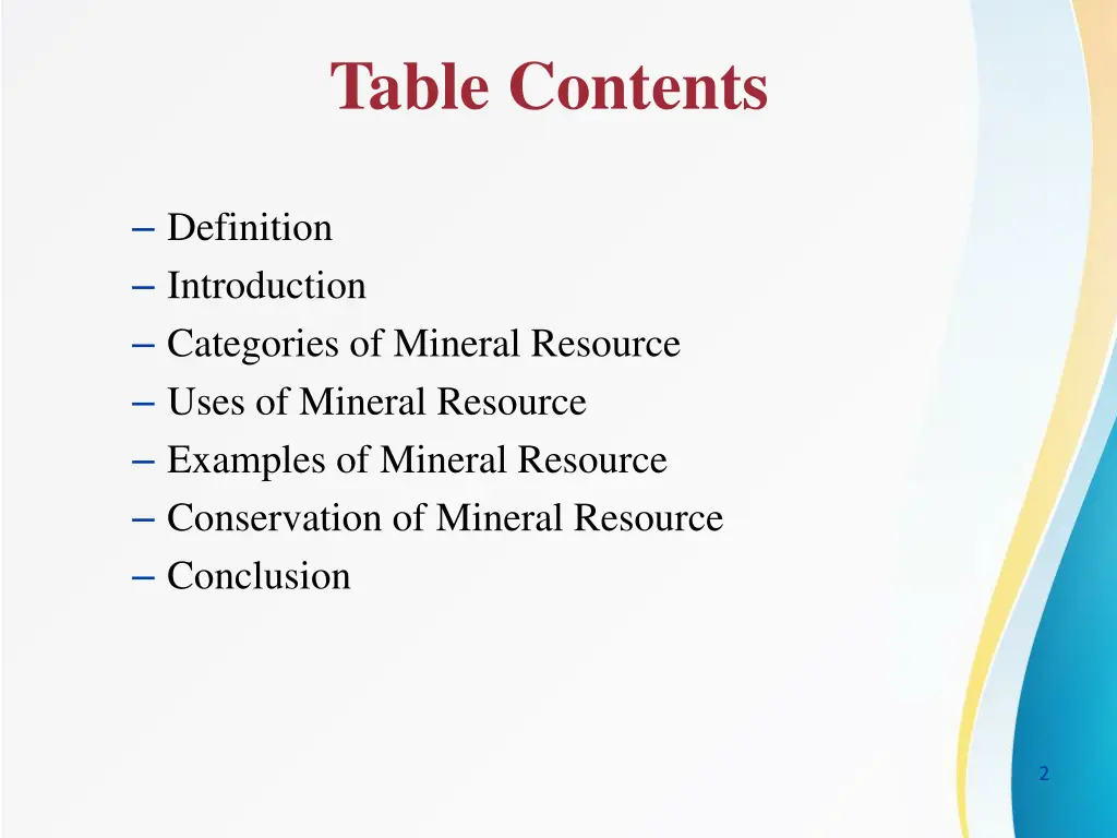 table contents