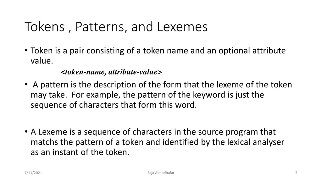 tokens patterns and lexemes