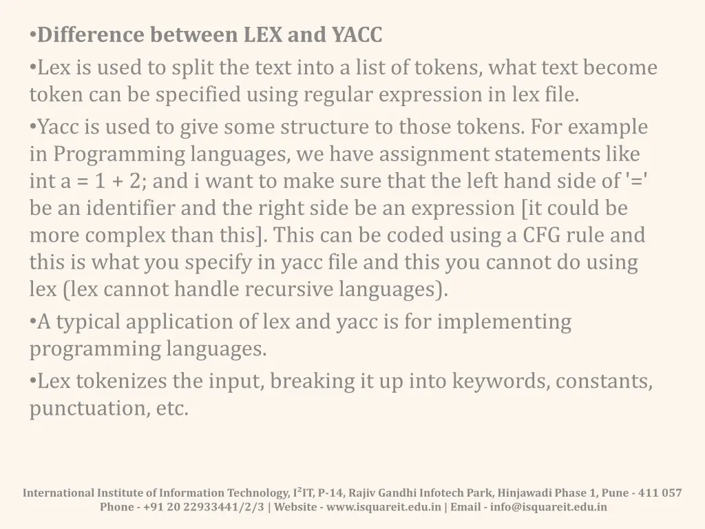 difference between lex and yacc lex is used