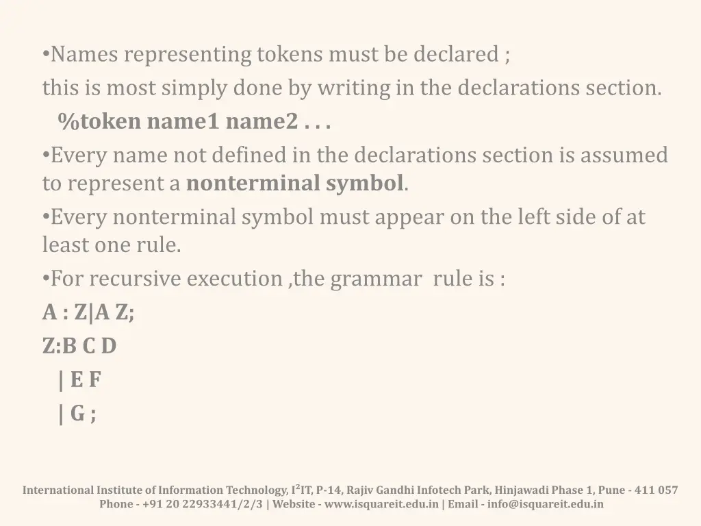 names representing tokens must be declared this