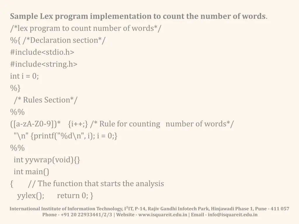sample lex program implementation to count