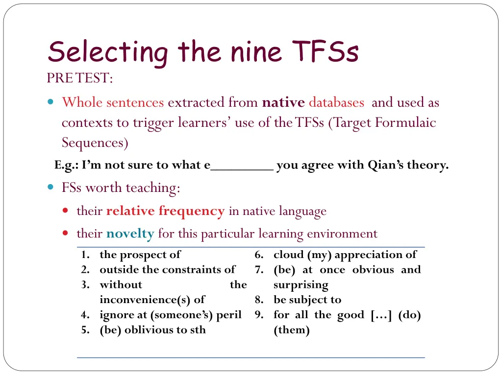 selecting the nine tfss pre test whole sentences
