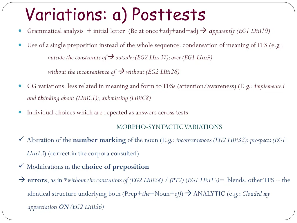 variations a posttests grammatical analysis