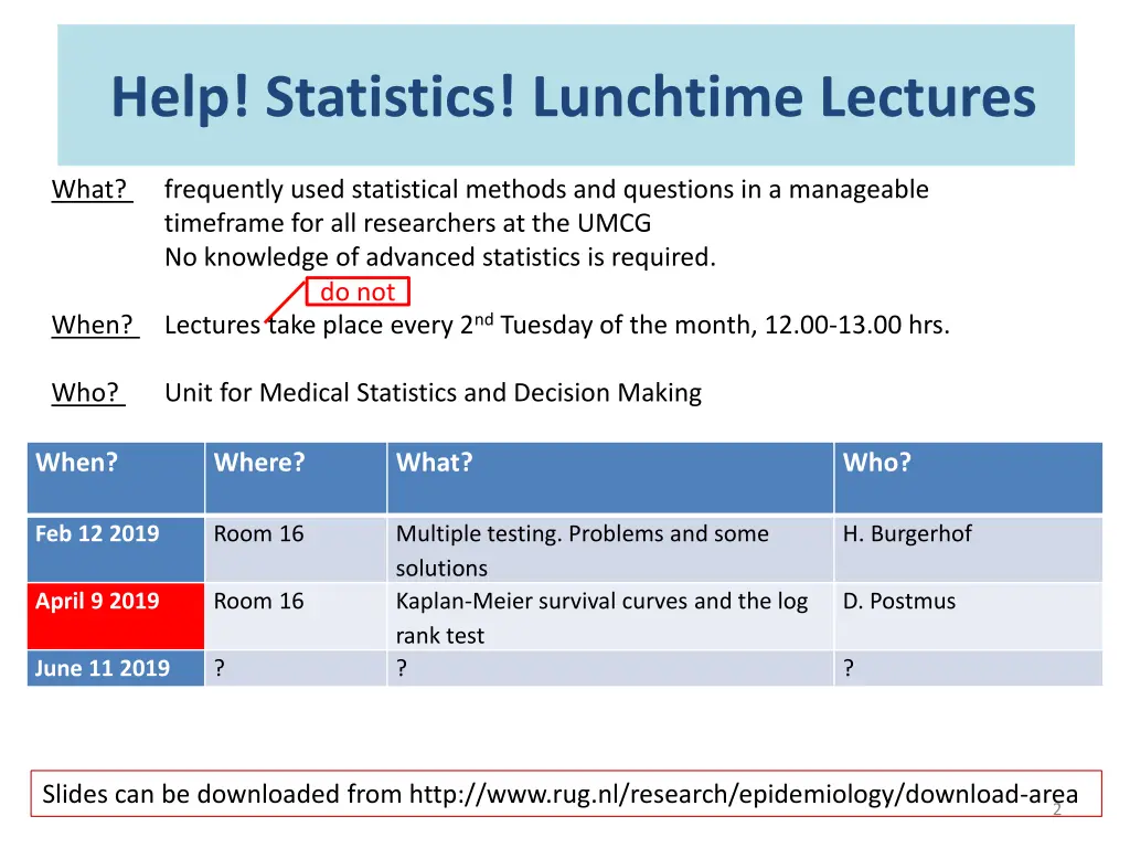 help statistics lunchtime lectures